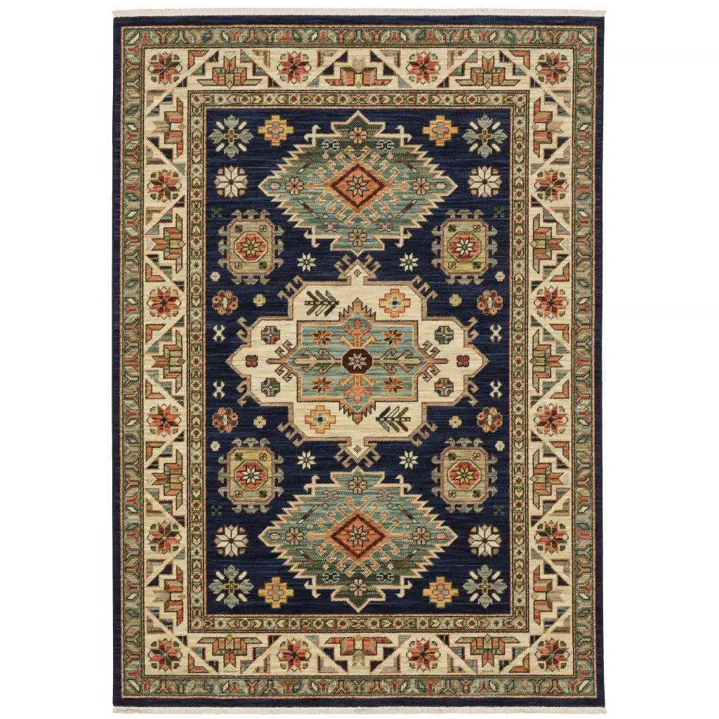 2' X 3' Navy Charcoal Orange Rust Gold Pale Blue Olive Beige And Salmon Oriental Power Loom Stain Resistant Area Rug With Fringe - Homeroots - Flyclothing LLC