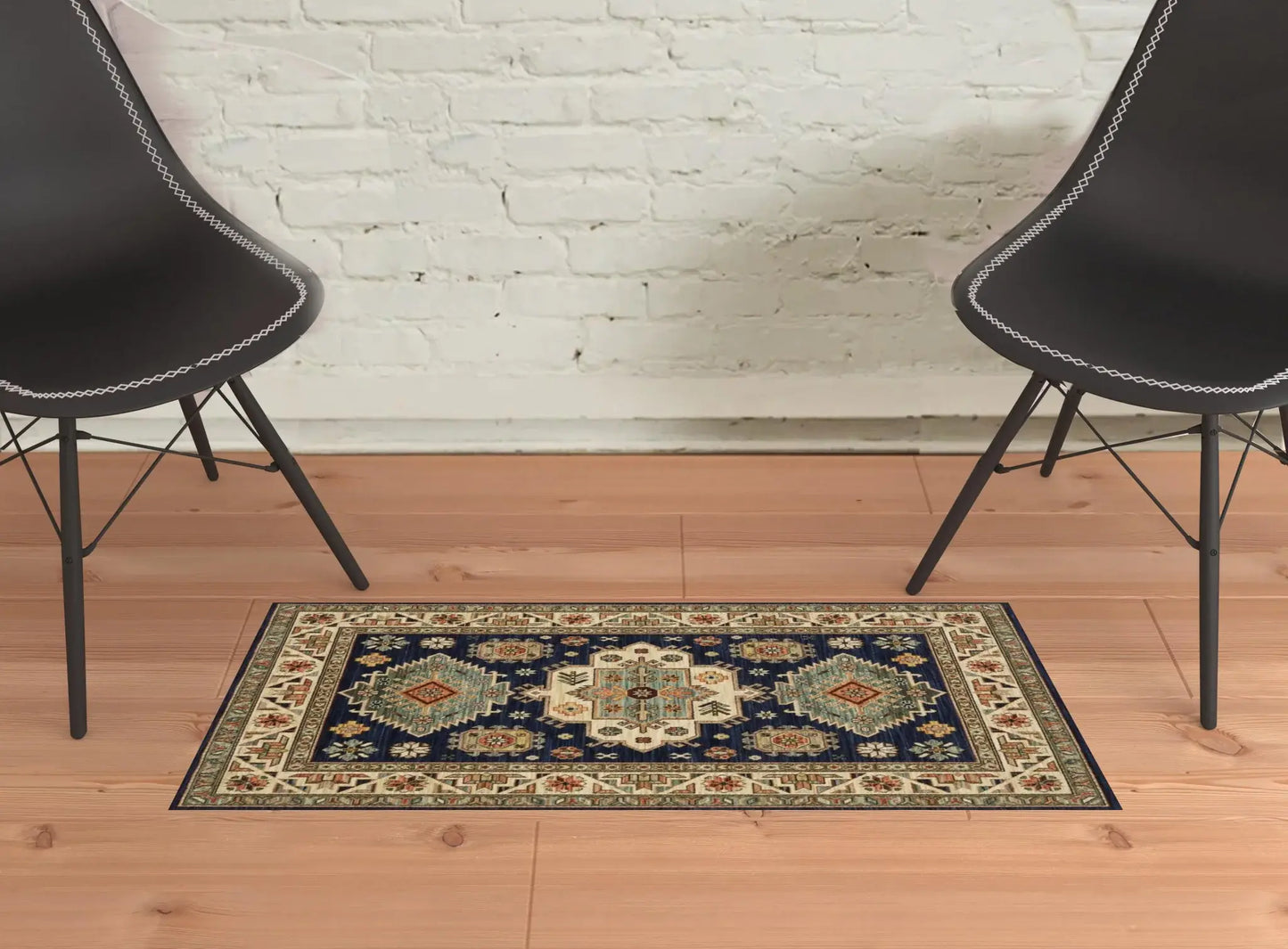 2' X 3' Navy Charcoal Orange Rust Gold Pale Blue Olive Beige And Salmon Oriental Power Loom Stain Resistant Area Rug With Fringe - Homeroots - Flyclothing LLC
