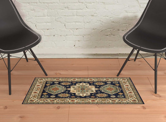 2' X 3' Navy Charcoal Orange Rust Gold Pale Blue Olive Beige And Salmon Oriental Power Loom Stain Resistant Area Rug With Fringe - Homeroots - Flyclothing LLC