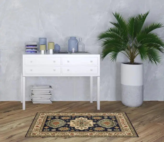 3' X 5' Navy Charcoal Orange Rust Gold Pale Blue Olive Beige And Salmon Oriental Power Loom Stain Resistant Area Rug With Fringe - Homeroots - Flyclothing LLC