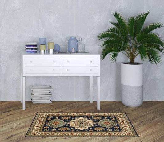 3' X 5' Navy Charcoal Orange Rust Gold Pale Blue Olive Beige And Salmon Oriental Power Loom Stain Resistant Area Rug With Fringe - Homeroots - Flyclothing LLC