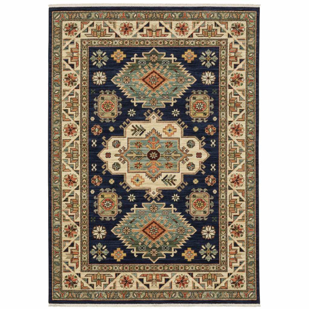 3' X 5' Navy Charcoal Orange Rust Gold Pale Blue Olive Beige And Salmon Oriental Power Loom Stain Resistant Area Rug With Fringe - Homeroots - Flyclothing LLC