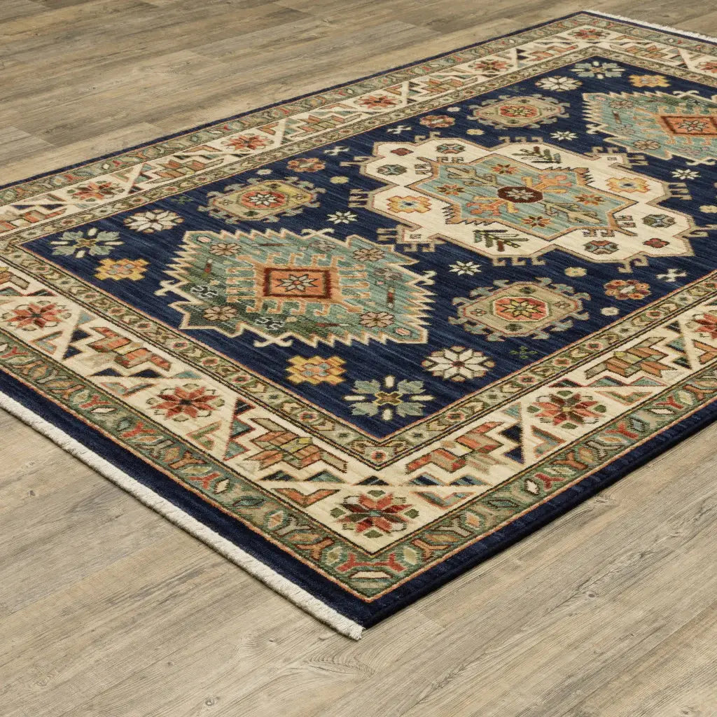 3' X 5' Navy Charcoal Orange Rust Gold Pale Blue Olive Beige And Salmon Oriental Power Loom Stain Resistant Area Rug With Fringe - Homeroots - Flyclothing LLC