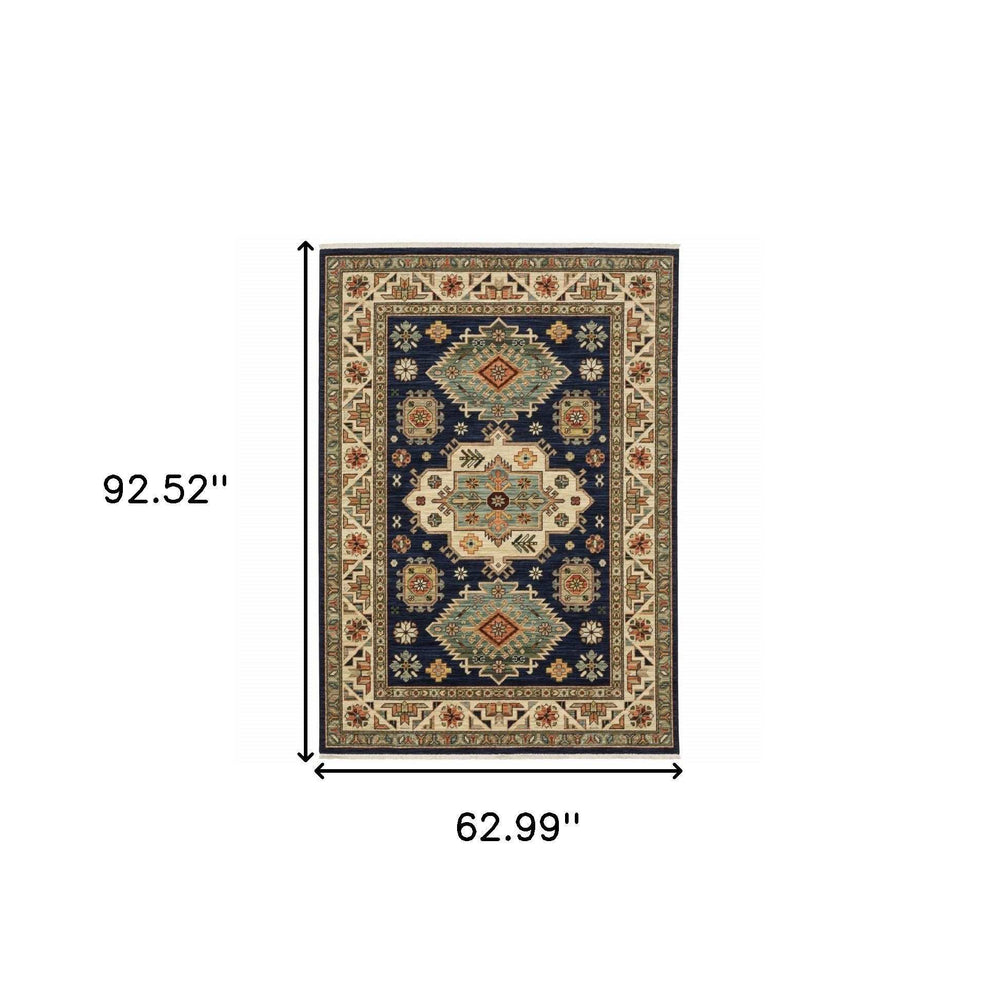 5' X 8' Navy Charcoal Orange Rust Gold Pale Blue Olive Beige And Salmon Oriental Power Loom Stain Resistant Area Rug With Fringe - Homeroots - Flyclothing LLC