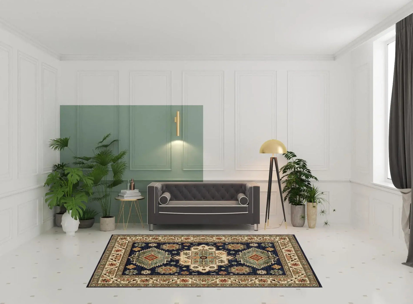 6' X 9' Navy Charcoal Orange Rust Gold Pale Blue Olive Beige And Salmon Oriental Power Loom Stain Resistant Area Rug With Fringe - Homeroots - Flyclothing LLC
