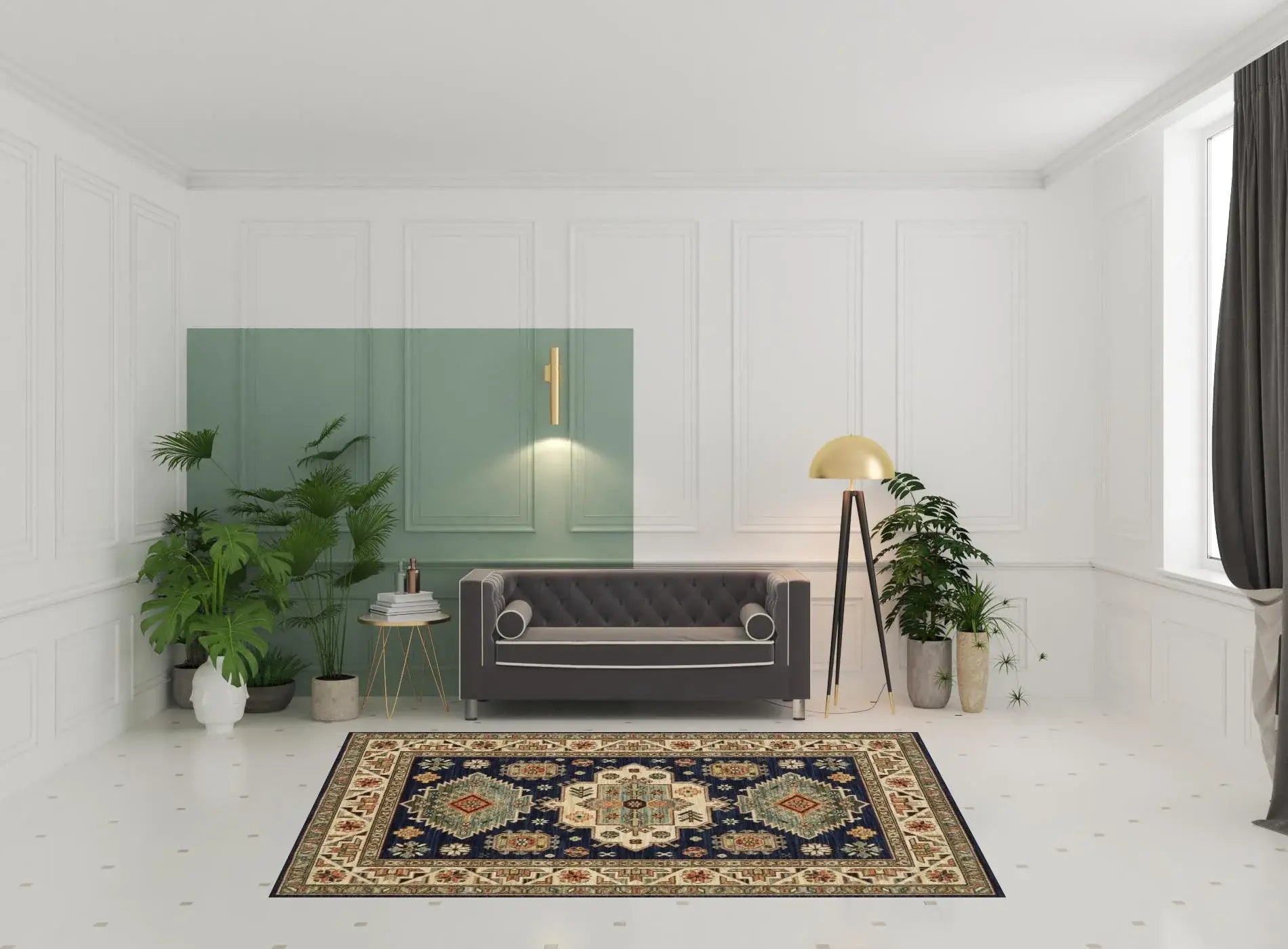 6' X 9' Navy Charcoal Orange Rust Gold Pale Blue Olive Beige And Salmon Oriental Power Loom Stain Resistant Area Rug With Fringe - Homeroots - Flyclothing LLC