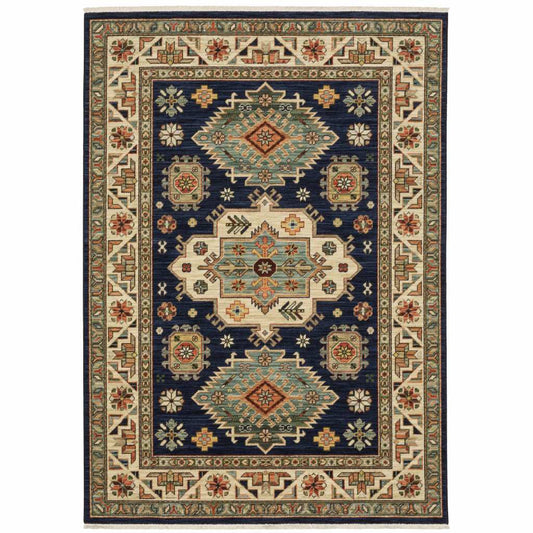 6' X 9' Navy Charcoal Orange Rust Gold Pale Blue Olive Beige And Salmon Oriental Power Loom Stain Resistant Area Rug With Fringe - Homeroots - Flyclothing LLC