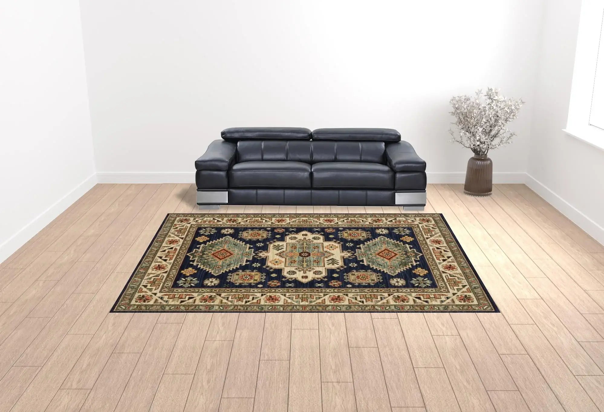 10' X 13' Navy Charcoal Orange Rust Gold Pale Blue Olive Beige And Salmon Oriental Power Loom Stain Resistant Area Rug With Fringe - Homeroots - Flyclothing LLC