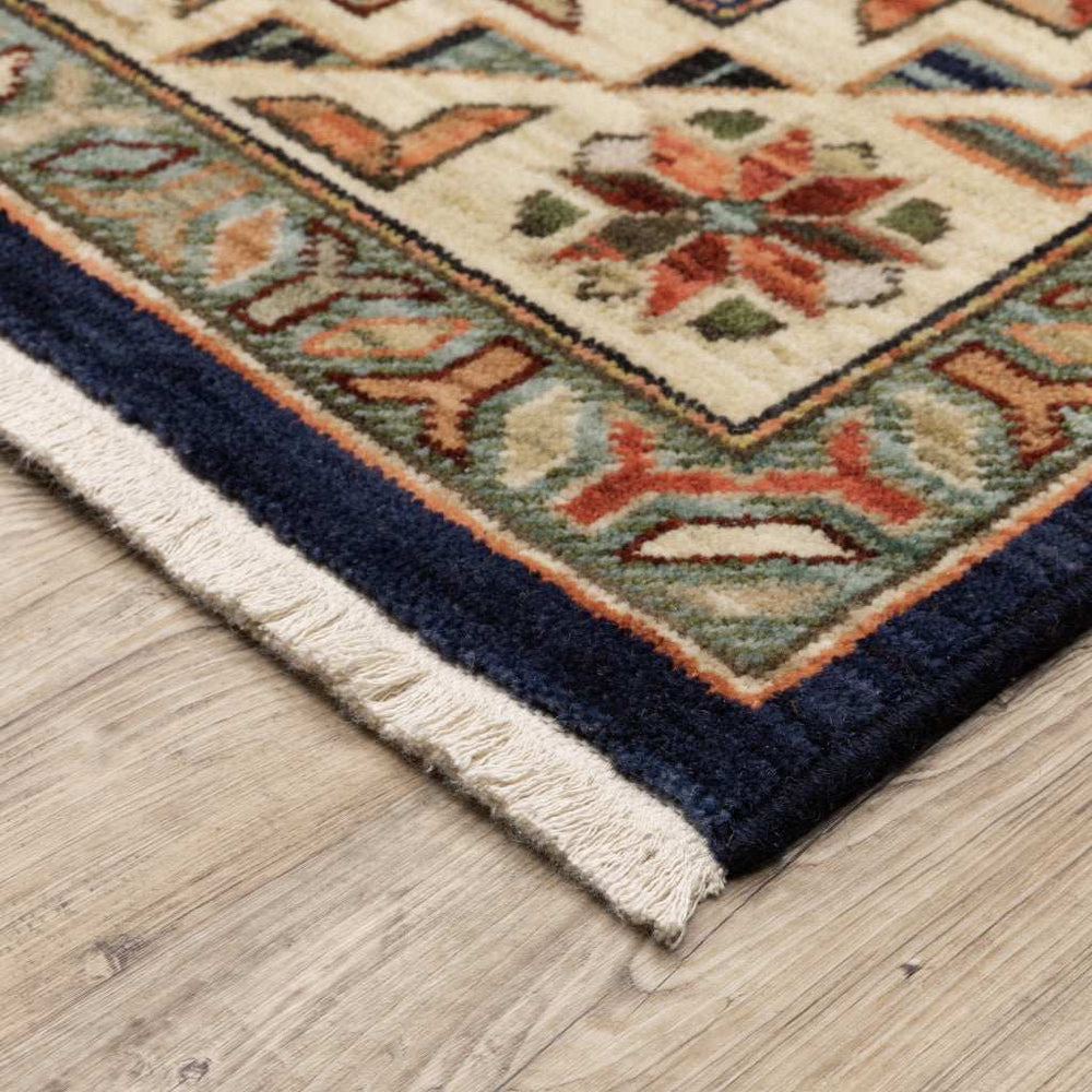 10' X 13' Navy Charcoal Orange Rust Gold Pale Blue Olive Beige And Salmon Oriental Power Loom Stain Resistant Area Rug With Fringe - Homeroots - Flyclothing LLC