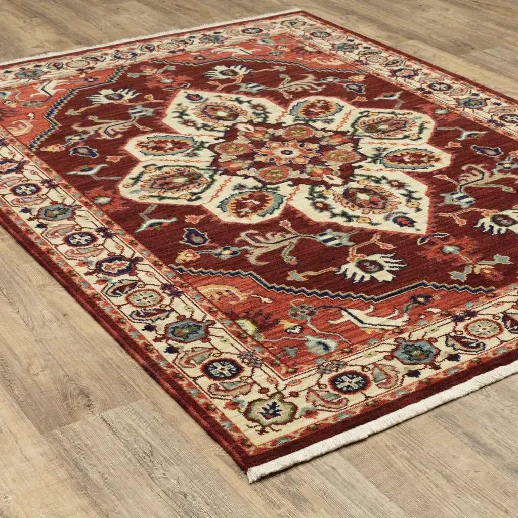 2' X 3' Red Ivory Orange And Blue Oriental Power Loom Stain Resistant Area Rug With Fringe - Homeroots - Flyclothing LLC