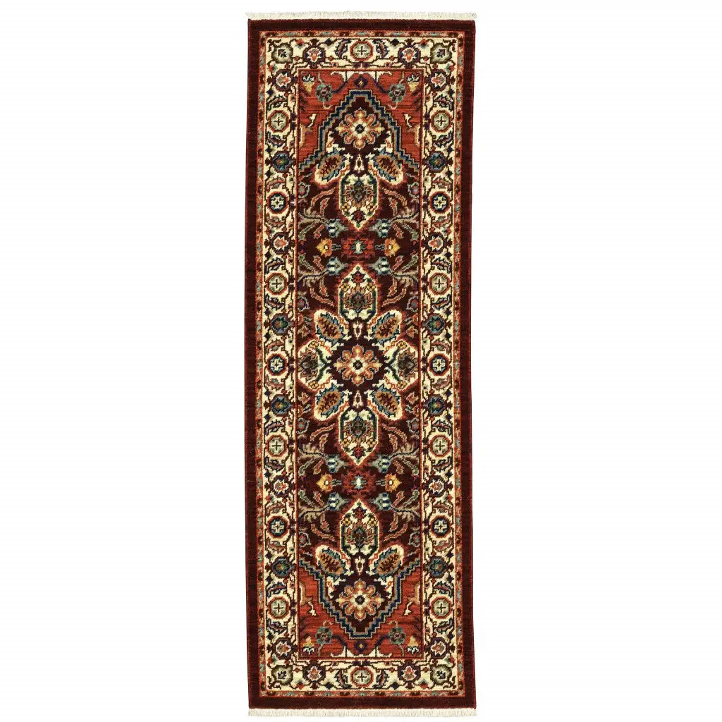 2' X 6' Red Ivory Orange And Blue Oriental Power Loom Stain Resistant Runner Rug With Fringe - Homeroots - Flyclothing LLC