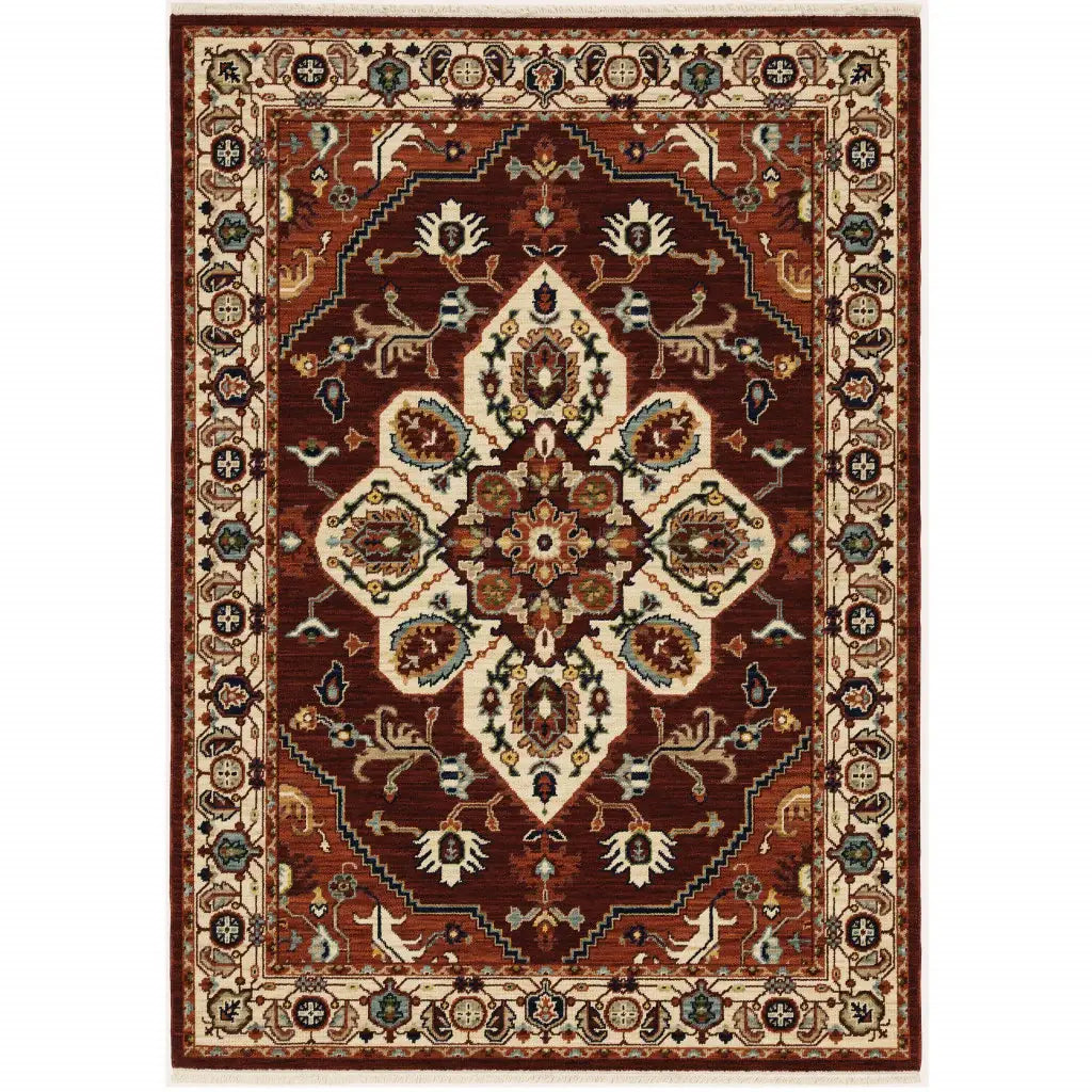 3' X 5' Red Ivory Orange And Blue Oriental Power Loom Stain Resistant Area Rug With Fringe - Homeroots - Flyclothing LLC