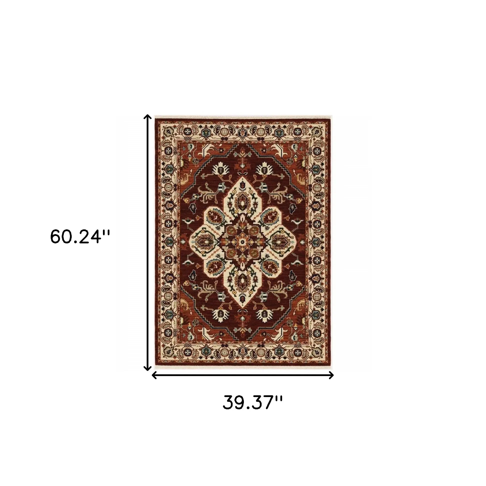 3' X 5' Red Ivory Orange And Blue Oriental Power Loom Stain Resistant Area Rug With Fringe - Homeroots - Flyclothing LLC