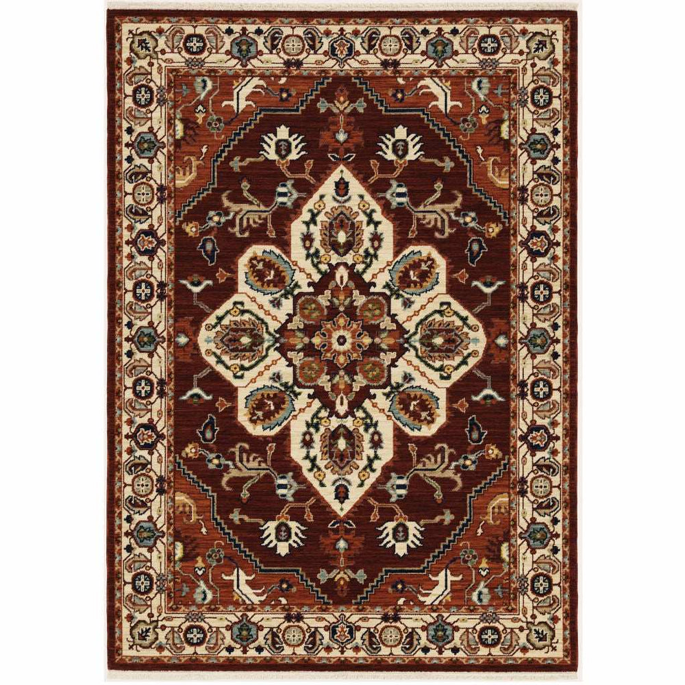 5' X 8' Red Ivory Orange And Blue Oriental Power Loom Stain Resistant Area Rug With Fringe - Homeroots - Flyclothing LLC