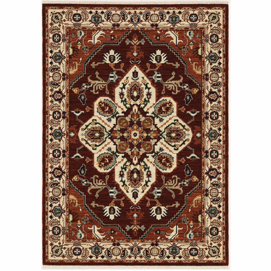 5' X 8' Red Ivory Orange And Blue Oriental Power Loom Stain Resistant Area Rug With Fringe - Homeroots - Flyclothing LLC