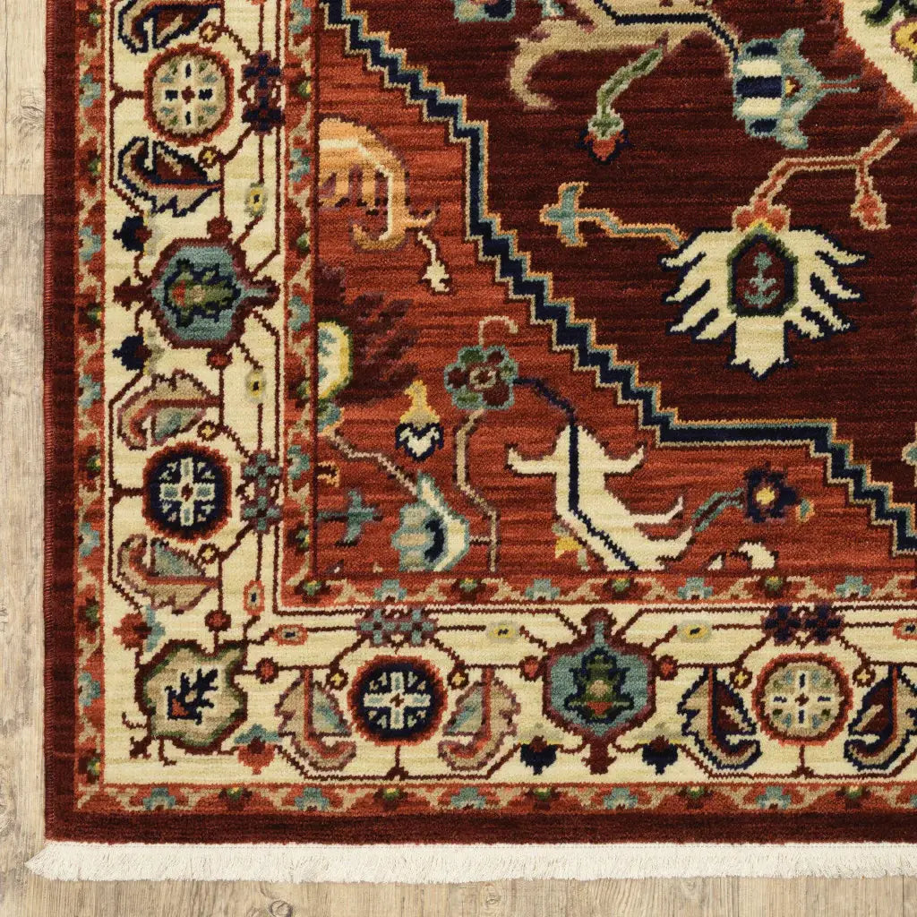 5' X 8' Red Ivory Orange And Blue Oriental Power Loom Stain Resistant Area Rug With Fringe - Homeroots - Flyclothing LLC