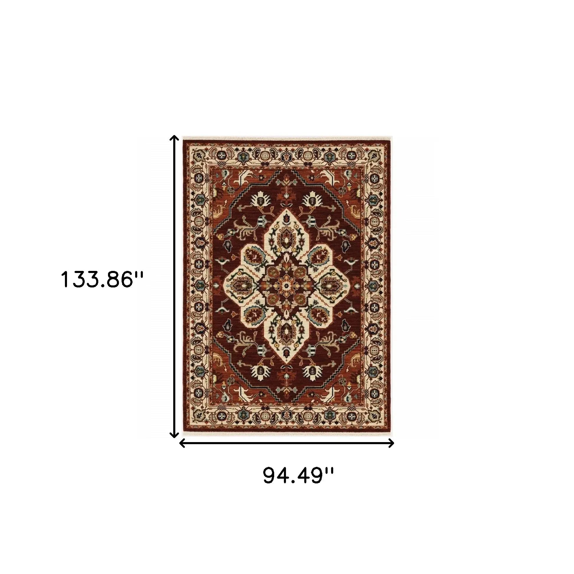 8' X 11' Red Ivory Orange And Blue Oriental Power Loom Stain Resistant Area Rug With Fringe - Homeroots - Flyclothing LLC