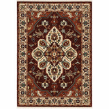 10' X 13' Red Ivory Orange And Blue Oriental Power Loom Stain Resistant Area Rug With Fringe