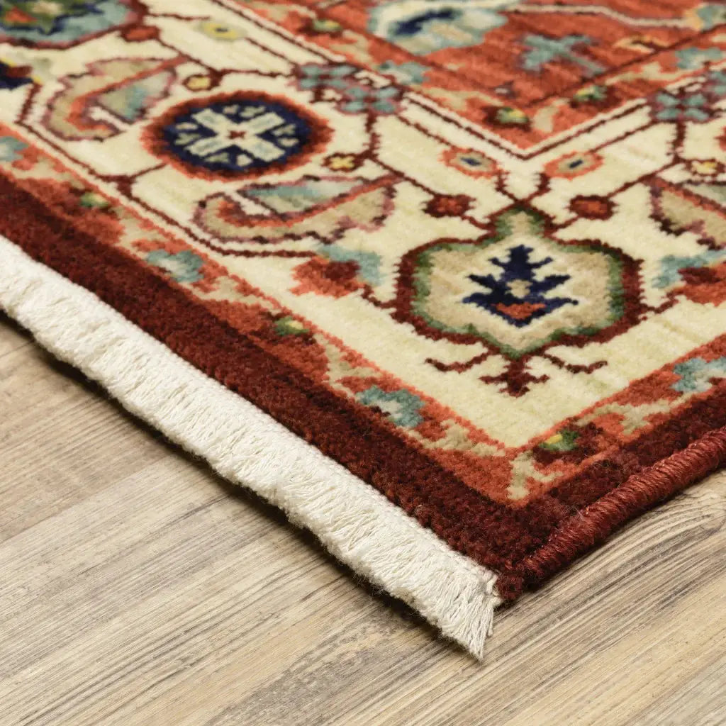 10' X 13' Red Ivory Orange And Blue Oriental Power Loom Stain Resistant Area Rug With Fringe - Homeroots - Flyclothing LLC