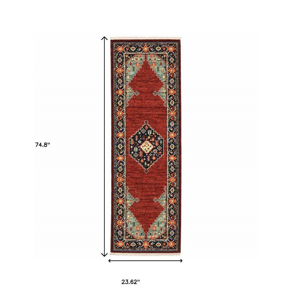 6' Blue and Red Medallion Power Loom Runner Rug - Homeroots - Flyclothing LLC