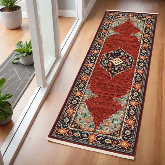 6' Blue and Red Medallion Power Loom Runner Rug - Homeroots - Flyclothing LLC