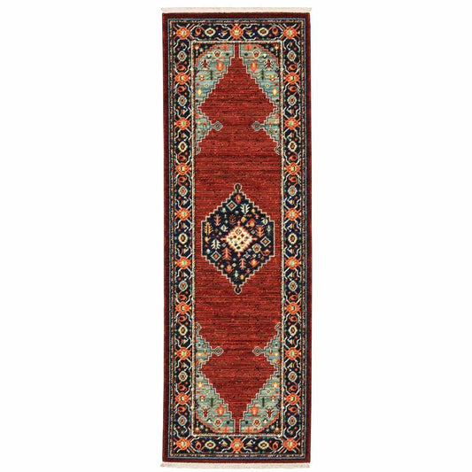 6' Blue and Red Medallion Power Loom Runner Rug - Homeroots - Flyclothing LLC