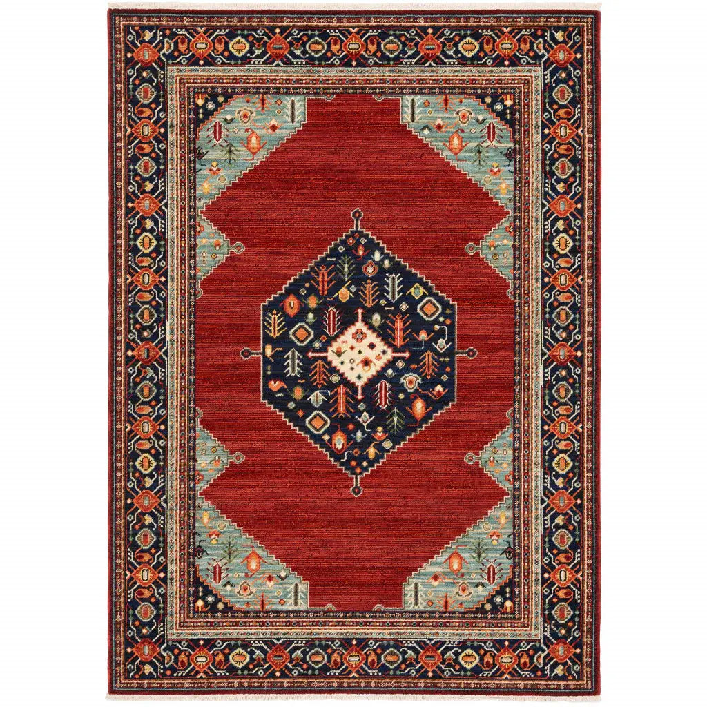 5' X 8' Red Blue Orange And Ivory Oriental Power Loom Stain Resistant Area Rug With Fringe - Homeroots - Flyclothing LLC