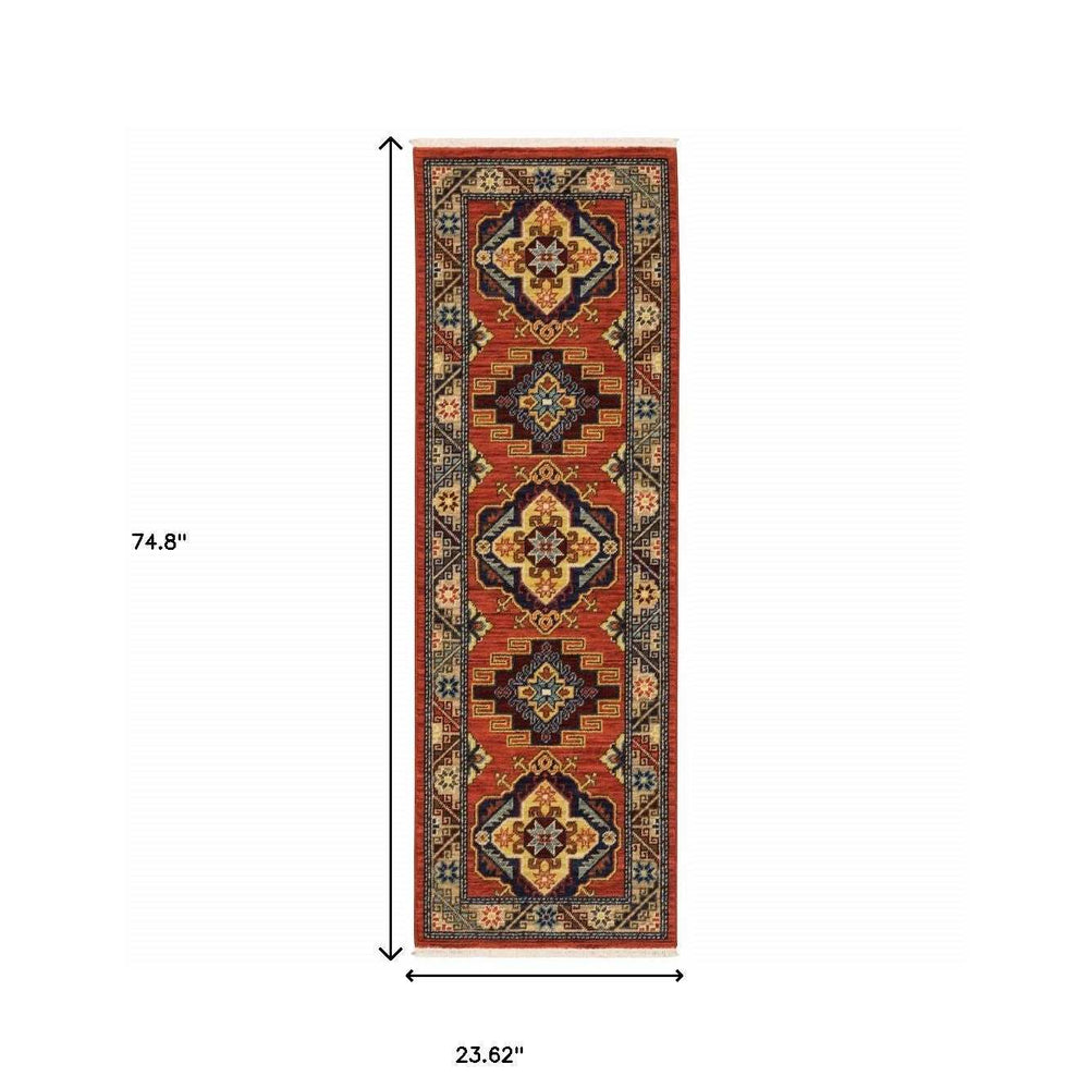 2' X 6' Red Gold Blue Brown Oriental Power Loom Stain Resistant Runner Rug With Fringe - Homeroots - Flyclothing LLC