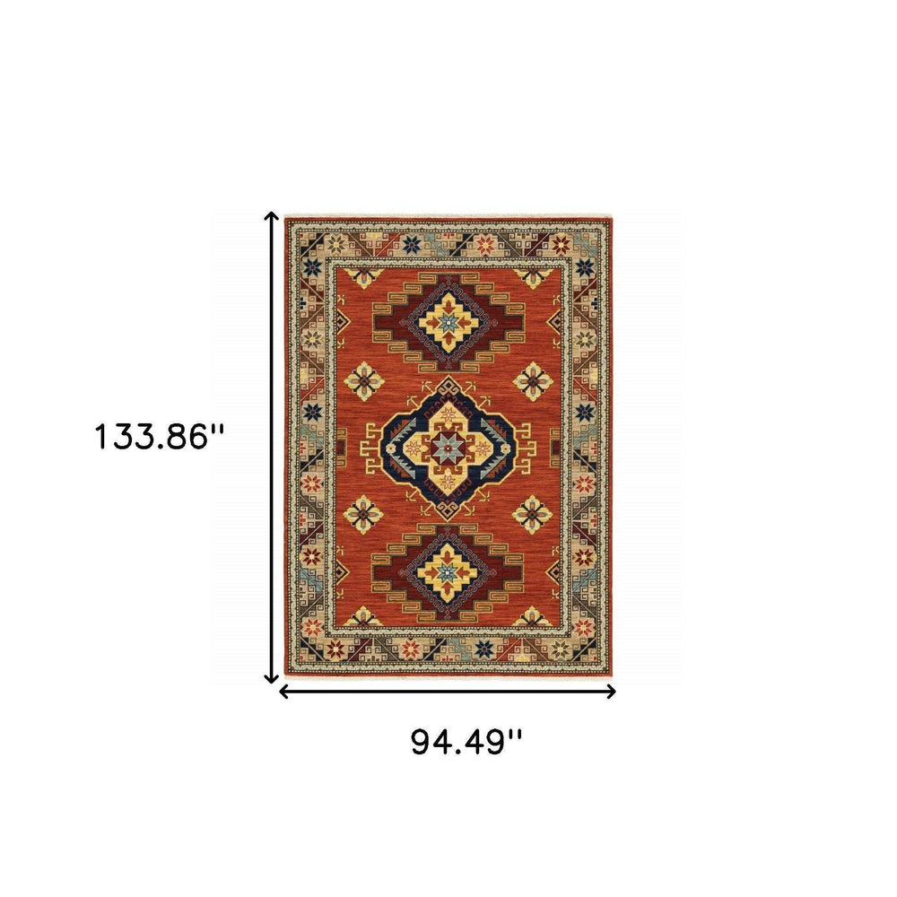 8' X 11' Red Gold Blue Brown Oriental Power Loom Stain Resistant Area Rug With Fringe - Homeroots - Flyclothing LLC