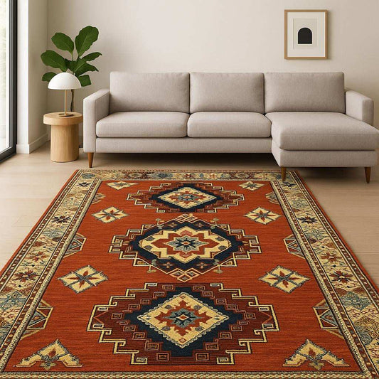 8' X 11' Red Gold Blue Brown Oriental Power Loom Stain Resistant Area Rug With Fringe - Homeroots - Flyclothing LLC