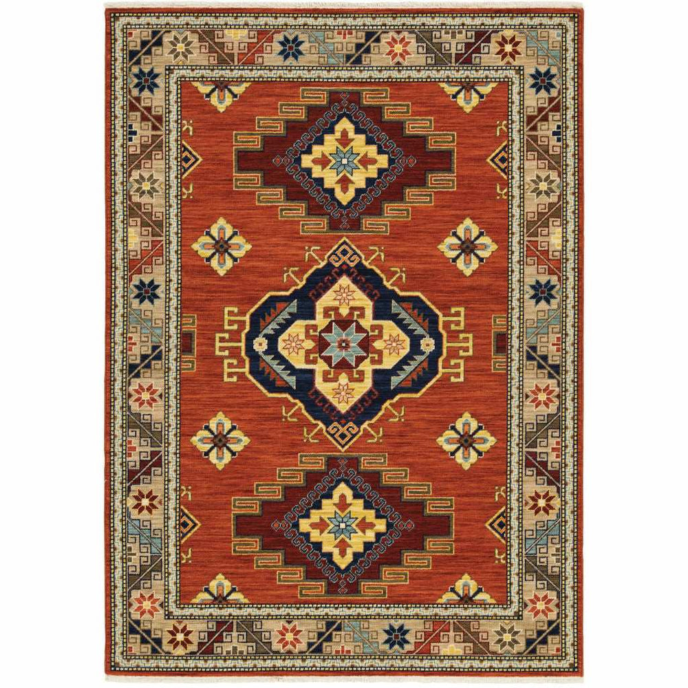 8' X 11' Red Gold Blue Brown Oriental Power Loom Stain Resistant Area Rug With Fringe - Homeroots - Flyclothing LLC