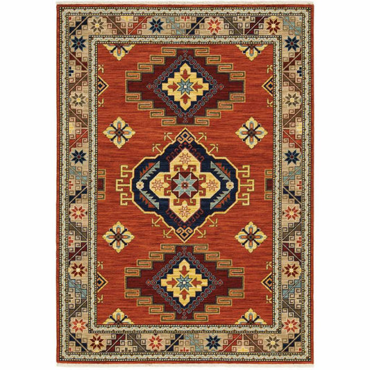 8' X 11' Red Gold Blue Brown Oriental Power Loom Stain Resistant Area Rug With Fringe - Homeroots - Flyclothing LLC