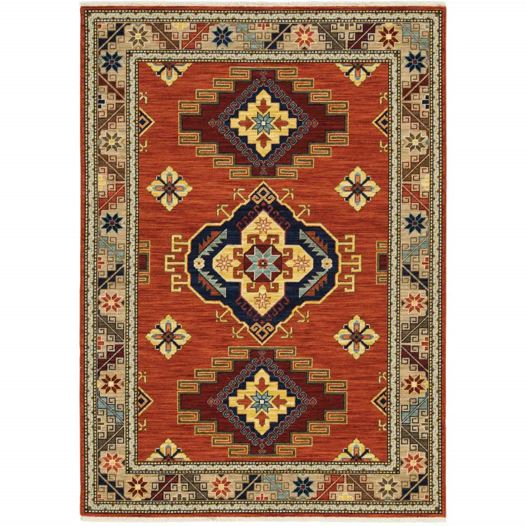 10' X 13' Red Gold Blue Brown Oriental Power Loom Stain Resistant Area Rug With Fringe - Homeroots - Flyclothing LLC