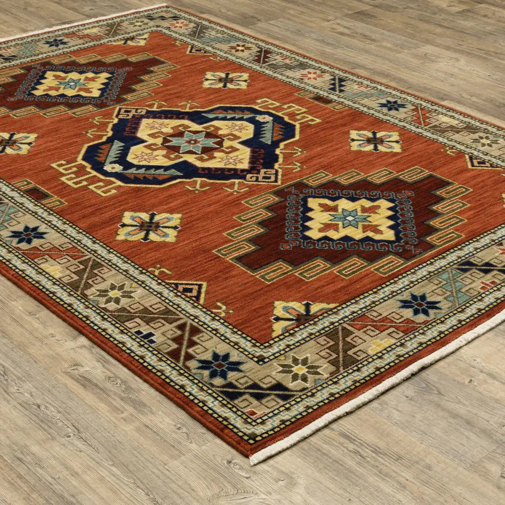 10' X 13' Red Gold Blue Brown Oriental Power Loom Stain Resistant Area Rug With Fringe - Homeroots - Flyclothing LLC