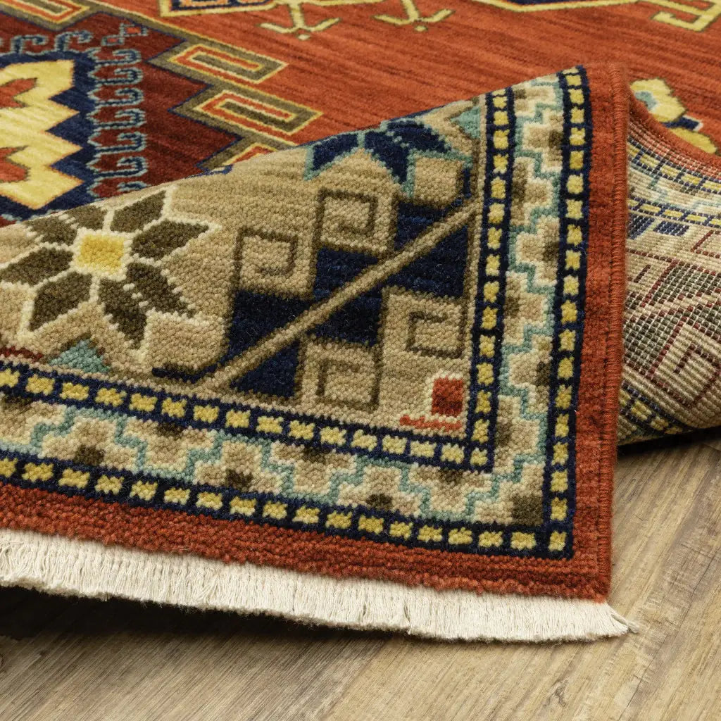 10' X 13' Red Gold Blue Brown Oriental Power Loom Stain Resistant Area Rug With Fringe - Homeroots - Flyclothing LLC