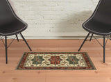 2' X 3' Brick Red Orange Rust Beige Gold Pale Blue Olive Navy And Black Oriental Power Loom Stain Resistant Area Rug With Fringe - Homeroots - Flyclothing LLC