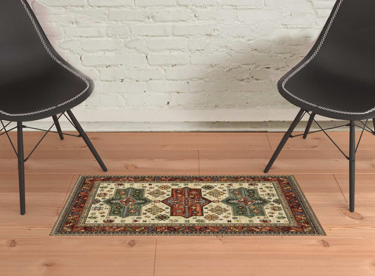 2' X 3' Brick Red Orange Rust Beige Gold Pale Blue Olive Navy And Black Oriental Power Loom Stain Resistant Area Rug With Fringe - Homeroots - Flyclothing LLC