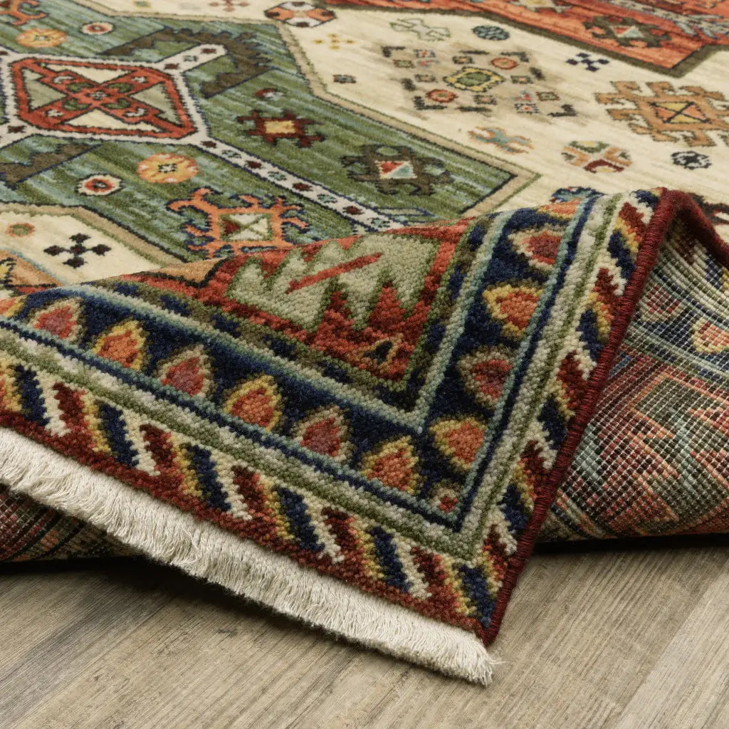 2' X 3' Brick Red Orange Rust Beige Gold Pale Blue Olive Navy And Black Oriental Power Loom Stain Resistant Area Rug With Fringe - Homeroots - Flyclothing LLC