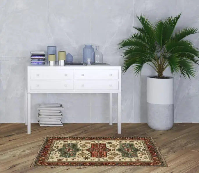 3' X 5' Brick Red Orange Rust Beige Gold Pale Blue Olive Navy And Black Oriental Power Loom Stain Resistant Area Rug With Fringe - Homeroots - Flyclothing LLC