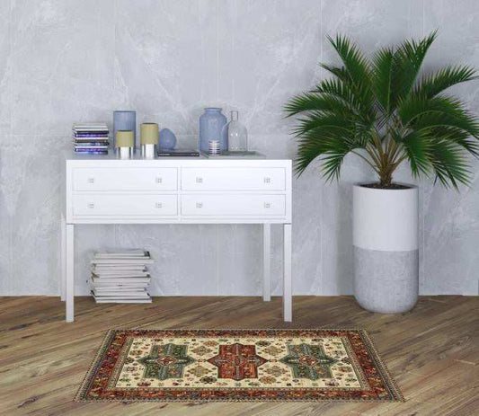 3' X 5' Brick Red Orange Rust Beige Gold Pale Blue Olive Navy And Black Oriental Power Loom Stain Resistant Area Rug With Fringe - Homeroots - Flyclothing LLC