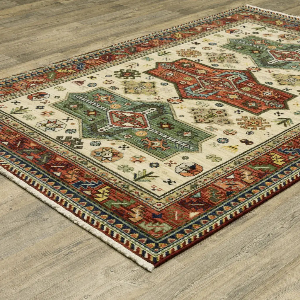3' X 5' Brick Red Orange Rust Beige Gold Pale Blue Olive Navy And Black Oriental Power Loom Stain Resistant Area Rug With Fringe - Homeroots - Flyclothing LLC