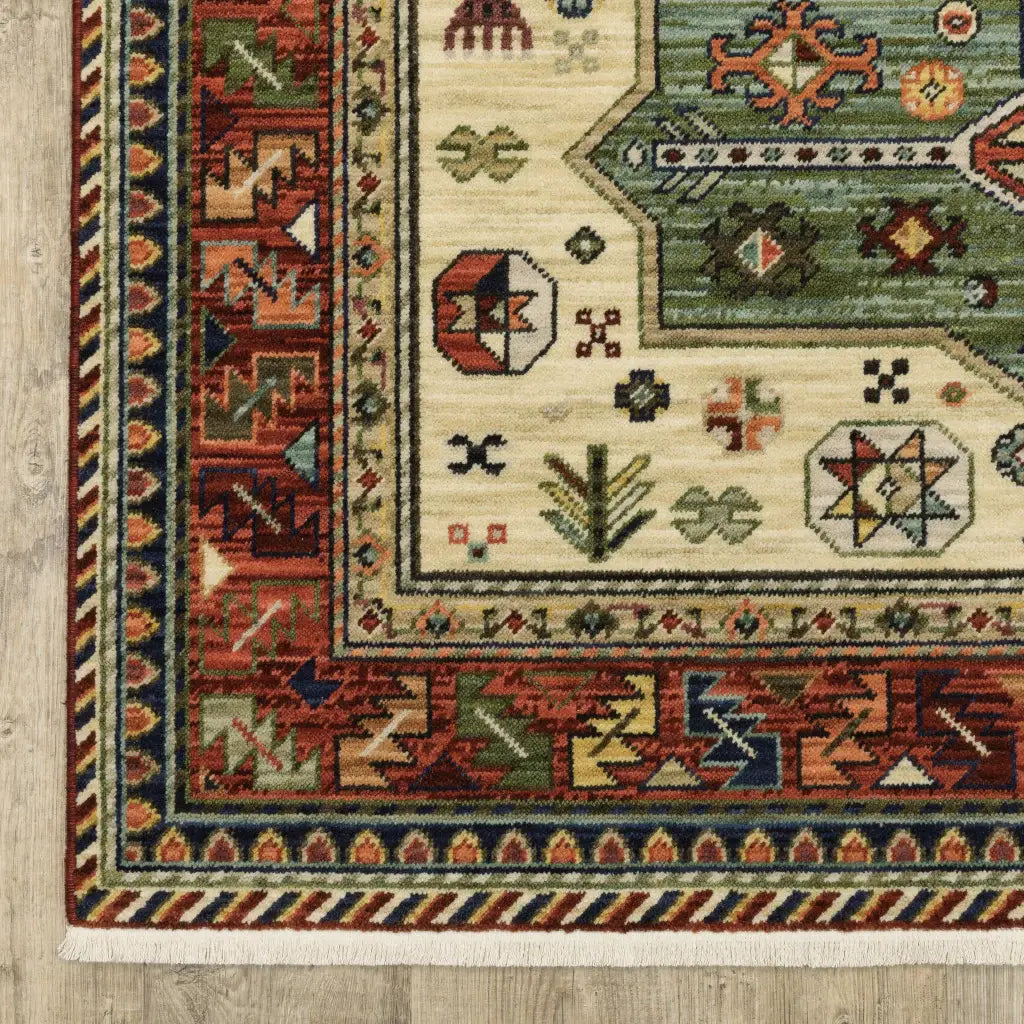 3' X 5' Brick Red Orange Rust Beige Gold Pale Blue Olive Navy And Black Oriental Power Loom Stain Resistant Area Rug With Fringe - Homeroots - Flyclothing LLC