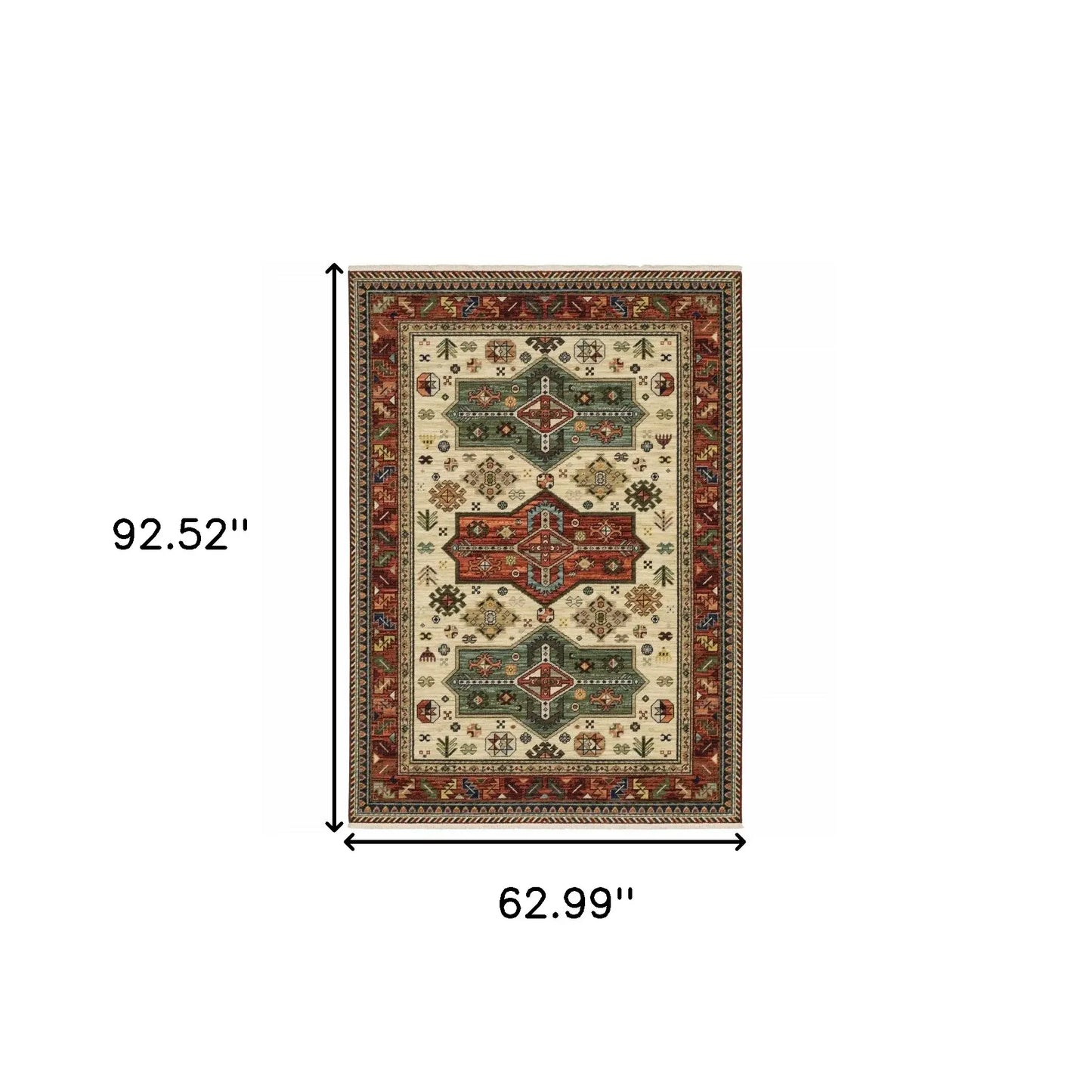 5' X 8' Brick Red Orange Rust Beige Gold Pale Blue Olive Navy And Black Oriental Power Loom Stain Resistant Area Rug With Fringe - Homeroots - Flyclothing LLC