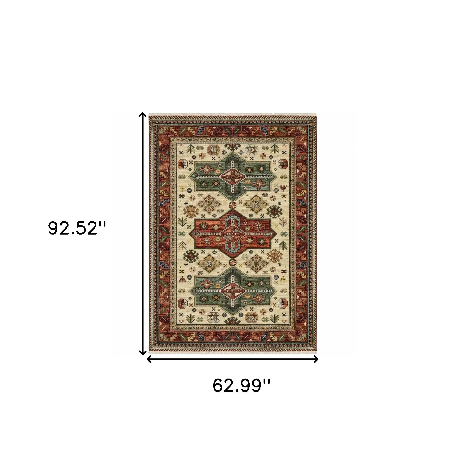 5' X 8' Brick Red Orange Rust Beige Gold Pale Blue Olive Navy And Black Oriental Power Loom Stain Resistant Area Rug With Fringe - Homeroots - Flyclothing LLC
