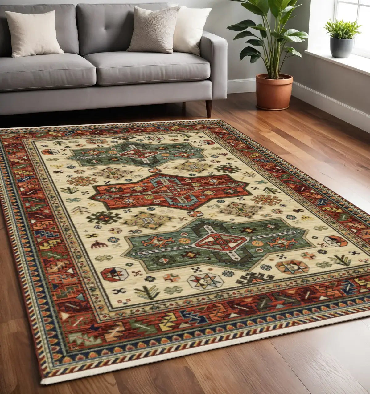 5' X 8' Brick Red Orange Rust Beige Gold Pale Blue Olive Navy And Black Oriental Power Loom Stain Resistant Area Rug With Fringe - Homeroots - Flyclothing LLC