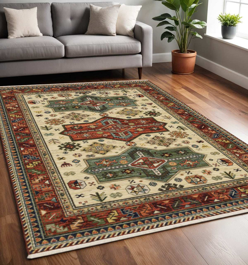 5' X 8' Brick Red Orange Rust Beige Gold Pale Blue Olive Navy And Black Oriental Power Loom Stain Resistant Area Rug With Fringe - Homeroots - Flyclothing LLC