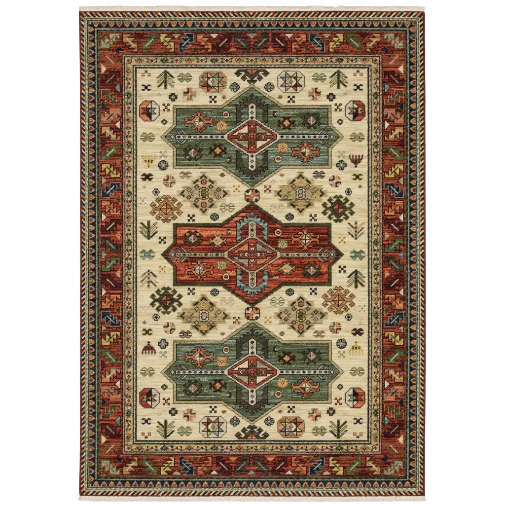 6' X 9' Brick Red Orange Rust Beige Gold Pale Blue Olive Navy And Black Oriental Power Loom Stain Resistant Area Rug With Fringe - Homeroots - Flyclothing LLC