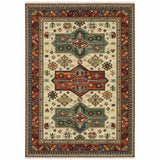8' X 11' Brick Red Orange Rust Beige Gold Pale Blue Olive Navy And Black Oriental Power Loom Stain Resistant Area Rug With Fringe - Homeroots - Flyclothing LLC
