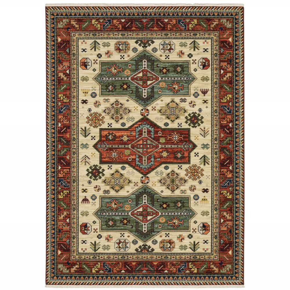 10' X 13' Brick Red Orange Rust Beige Gold Pale Blue Olive Navy And Black Oriental Power Loom Stain Resistant Area Rug With Fringe - Homeroots