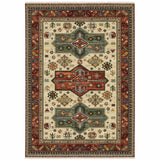 10' X 13' Brick Red Orange Rust Beige Gold Pale Blue Olive Navy And Black Oriental Power Loom Stain Resistant Area Rug With Fringe - Homeroots